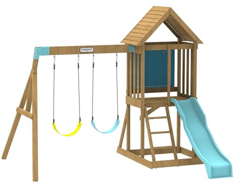 Teamson Kids Panama Wooden Climbing Frame with Swings, Slide, Chalkboard and Sandpit – Large Outdoor Wooden Garden Playset for Active Children’s Play
