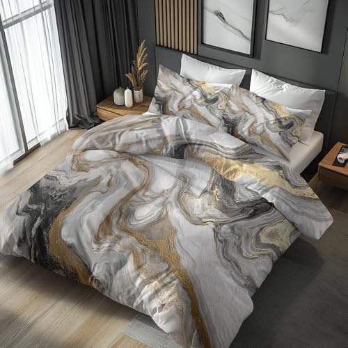 Générique Housse de Couette 240 x 260, Motif Marbre, 2 Taies d'oreillers 65x65, Parure de Lit Reversible Abstrait Moderne, 2 Personnes, Linge de Lit Microfibre avec Zippée -d185