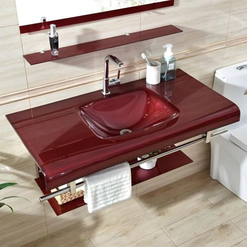 Mobile da bagno a parete con lavabo, specchio e ripiani in vetro temperato, design galleggiante per risparmiare spazio nei bagni moderni