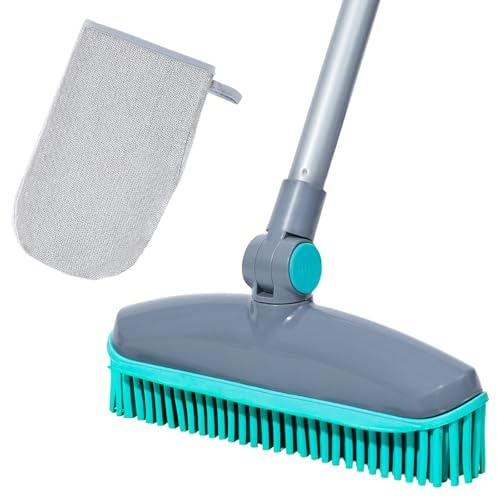 180°Rotating Rubber Broom with Squeegee for Pet Hair Removal - 50 Iron Handle Fur Remover Rake Brush for Carpet, Hardwood & Tile Floors, Includes Pet Hair Removal Gloves (Blue)