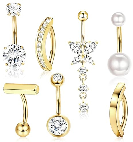 Forbabe 7 Stück Bauchnabelpiercing, Chirurgenstahl Bauchnabelpiercing Belly Piercing mit Zirkonia, Wasserfestes Piercing Bauchnabel Nabelpiercing
