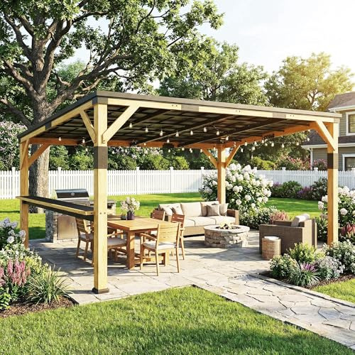 Outsunny 10' x 14' Wooden Gazebo, Hardtop Lean-to Gazebo Pergola with Galvanized Steel Sloped Roof, Bar Shelf, Large Heavy Duty Awning for Patio, Deck, Backyard, Natural Wood