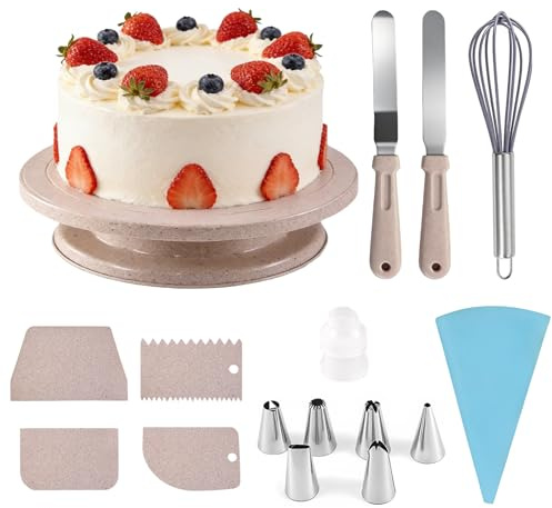16pcs Cake Decorating Set, Rotating Cake Turntable,2 Spatula, Piping Bags | Cream Scraper, Whisk and Piping Tips for Decorating Cakes Baking Set