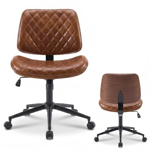 FurniSoar Bürostuhl Braun mit Stabiler Holzstützung, Schreibtischstuhl ohne Armlehne, Drehstuhl Büro mit Rollen, Hochwertiger Bürostuhl Leder Optik, Drehsessel für Home Office & Arbeitszimmer