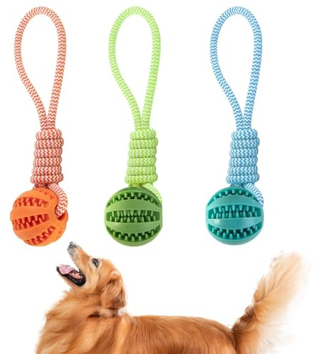 Kinesgsg 3 Piezas Pelota Interactiva para Perros, 5cm Pelota Interactiva Perro de Goma Natural, Pelotas de Juguete para Perros con Cuerda, para Perro Pequeños Medianos Dientes limpios