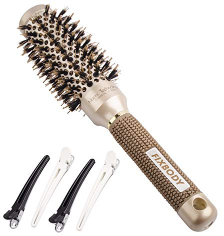 FIXBODY Rund tunna Nano termisk keramisk beläggning och jonisk teknisk hårborste med vildsvinsborst, för hårblåsning, styling, lockning, rätning (2,5 tum, fat 3,5 cm, guld)