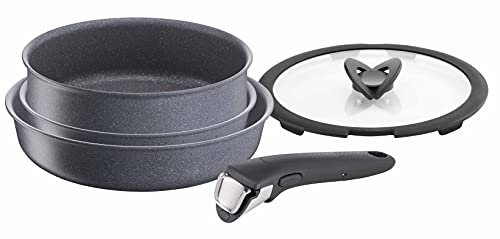 Lagostina Ingenio Mineralis Set di Pentole e Padelle Antiaderenti in Alluminio per Induzione, Gas e Forno, 5 Pezzi, Batteria con 2 Padelle, Tegame, Coperchio in Vetro, Manico Amovibile