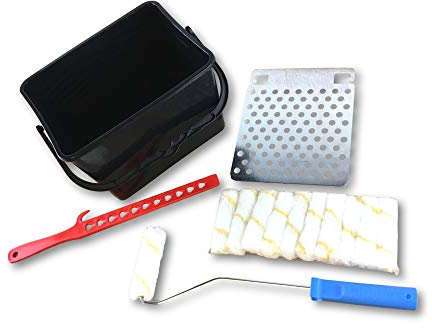 Lot de 3 | Kit à peindre | 11 rouleaux avec manchons pattes de lapin rayées jaune | Monture longue | Seau 7 litres | Mélangeur avec accroche | Grille essorage acier galvanisé | Kibros SO710Ax3