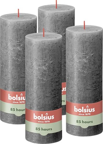 Bolsius Candela rustica a colonna, colore grigio scuro, confezione da 4, lunga durata di 85 ore, candela per la casa, decorazione d'interni, non profumata, cera vegana naturale, senza olio di palma,
