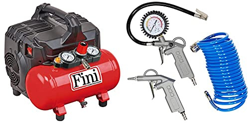 Fini D'aria Compressore Silenzioso 2 Manometri (59 dB) Silent Kompressor 2 Manometer (59dB), 6L, 1.0 PS, 8 Bar, 750 W, 230 V, Rot & Güde Druckluft-Set 3tlg. 84091, Blau/Grau