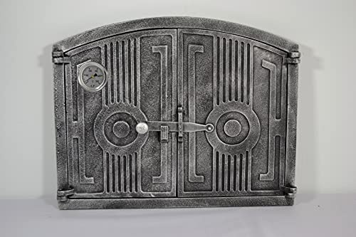 SEZAM leichte Doppeltür für Backöfen aus Gusseisen mit Thermometer 500 °C - mit Türriegel, halbrund, Pizzaofentür - Brotofen - Steinofentür, 48 x 3 x 38 cm, silberfarben bemalt