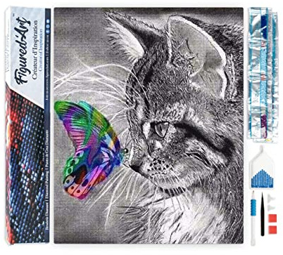 Figured'Art Diamond Painting Erwachsene 40x50cm Ganze Leinwand gerollt Katze und bunter Schmetterling 5D Bilder Eckige Steine - DIY Set Basteln