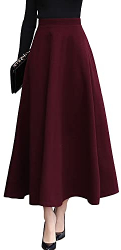 ebossy Women's Vintage High Waist Wool Blend Plaid A-Line Long Maxi Skirt with Pocket, Pure Wine-red, Medium