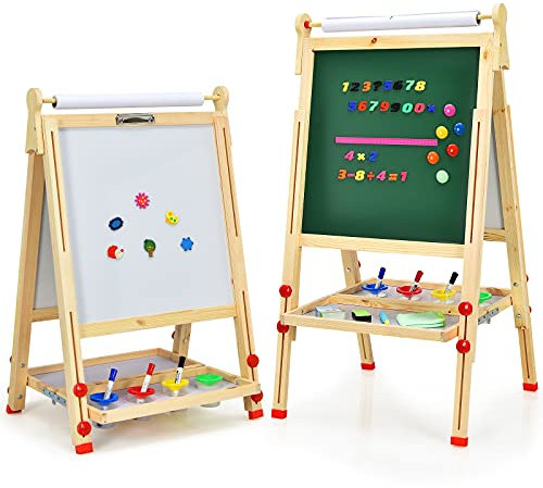 COSTWAY 3 in 1 Kinder Staffelei höhenverstellbar, Whiteboard & Kreidetafel & Zeichenpapier, Holz Kindertafel mit Ablage und Zubehör