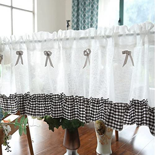 A.Monamour Gardine Scheibengardinen Kurzstores Transparenter Voile-Vorhang Mit Kaffee Kariert Rüschen Schleife Kurzvorhang Kurzgardinen Küchengardine Küche Vorhang Fenster Kurz Stores Bistrogardine