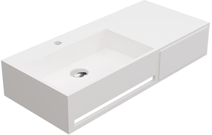 Vente-unique-Lavabo suspendido con encimera de solid surface con toallero - Blanco - Ancho 90 x Prof. 40 x Alt. 17 cm - GANDAKI