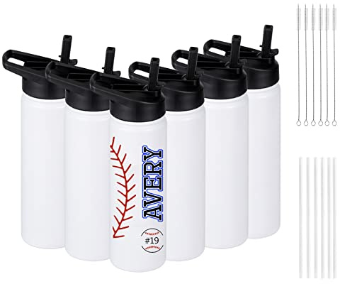 6 Pack Sublimation Water Bottle Blanks, 24oz Personalized Water Bottles Bulk with Handle & Straw Lid, Stainless Steel, Lightweight for Sports Travel Gym Running, DIY Gift for Teacher Nurse, White