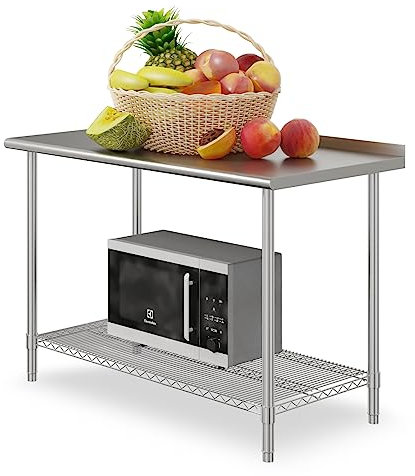 FIDOOVIVIA Kitchen Prep Table, Food Prep Worktable, 120 x 60 x 80cm 2-Tiers Stainless Steel Tables Catering Kitchen Island Table Silvery with Adjustable Wire Undershelf & 3.5CM Worktop Backsplash