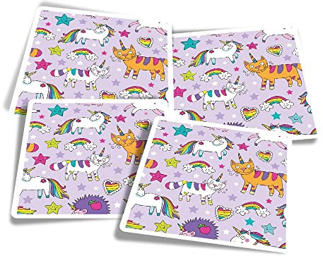Vinyl Square Stickers (Set of 4) 10cm - Funny Purple Unicorn Animals Rainbow for Laptops, Tablets, Luggage, Scrap Booking, Fridges #170574