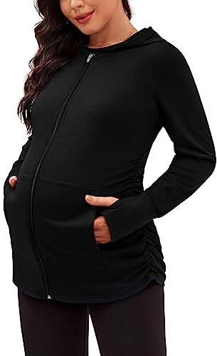 DEBELLY Maternity Zipper Hoodie Long Sleeve Pregnancy Sweatshirts Mama Active Shirt Side Pleated Women Jackets Soft Comfortable Hooded Jersey with Pockets,Thumb Hole,Black,L