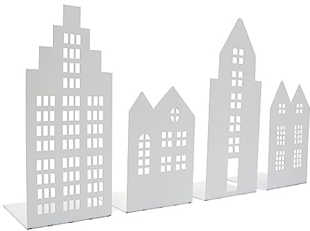UNUS Deko Häuser Metall, Lichthaus, Häuserleiste, Bücherstütze 4er Set | Haussilhoutte, Windlicht, Teelichthalter, Fensterdekoration
