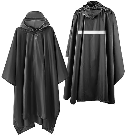 Lulizar 3 in 1 Waterproof Rain Poncho, Reusable Black Rain Poncho Waterproof Adult with Reflective Strip, Lightweight Poncho Waterproof with Pocket, Tear Resistance Rain Poncho Waterproof Adult