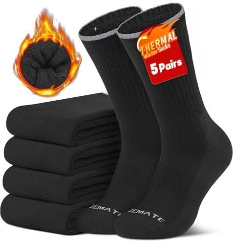 CLOSEMATE Mens Thermal Winter Crew Socks for Boots Thick and Warm for Cold Weather Work Hiking 5 Pairs(5 Black, Size XL)