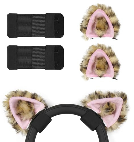 Geekria NOVA Headphones Cat Ear Attachment Compatible with Most Gaming, Over-Ear and On-Ear Headsets, Universal Fit with Adjustable Straps (Black/Leopard Print Pink)