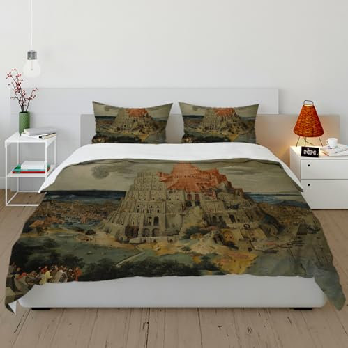 DINGSION Pieter Bruegel der Ältere Bettwäsche-Set 3-teilig Der Turmbau zu Babel Atmungsaktives Schlafzimmer-Bettwäsche-Set mit 2 Kissentüchern 4 Krawatten Reißverschluss 155 x 220 cm