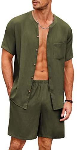Ekouaer Pijama Algodón de Hombre Manga Corta y Pantalón Largo Primavera y Primavera Conjunto de Ropa para Dormir Cintura Elástica Regalos para Hombre, Ejército, XL