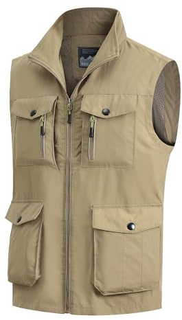 MeiLayM Gilet da Pesca da Uomo Senza Maniche Gilet Multi-Tasche All'aperto Gilet Leggero Traspirante Casual Giacca Asciugatura rapida Gilet da Campeggio Fotografia Gilet Cachi,XL