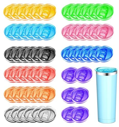 60 Stück 590 ml schmaler Becherdeckel, Kunststoff, spritzwassergeschützter Deckel, mehrfarbig, Ersatzdeckel, auslaufsicher, Reisebecher-Deckel für Mundbecher, Kaffeetasse