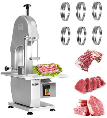 ZMIN Tagliacarne Elettrico, Sega A Nastro Elettrica Commerciale per Carne, Segaossa Verticale Tagliacarne in Acciaio Inossidabile con 6 Lame per Costolette di Maiale Manzo,Argento,1500W
