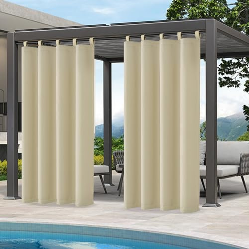 Qelus Outdoor Vorhang Wetterfest, Sonnenschutz mit Klettverschluss B132xH213cm, Outdoorvorhänge Wasserdicht für Balkon Sichtschutz Pavillon Pergola Terrasse Garten (Hellbeige,1Stück)