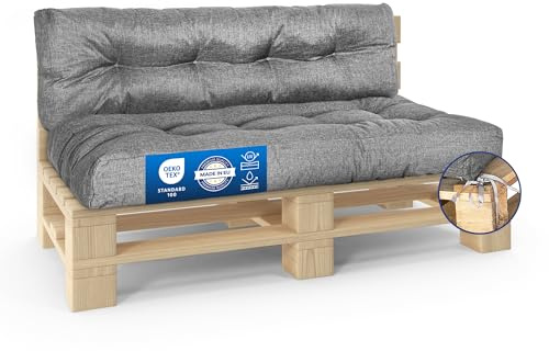 MKS Cuscino per pallet, per esterni, con cinghie di tensione, adatto per pallet, impermeabile, per balcone, per panca (set da 2 (120 x 80 cm + 120 x 40 cm)