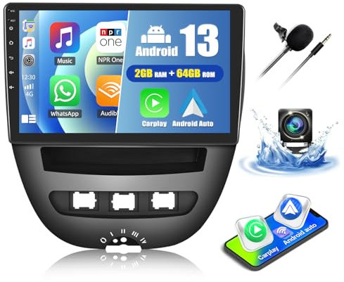 CAMECHO 2+64G Android 13 Car Stereo for Toyota Aygo/Peugeot 107 / Citroen C1 2005-2014, Wireless Carplay Android Auto 10.1'' Touch Screen Bluetooth with Sat Nav Backup Camera DSP RDS WiFi