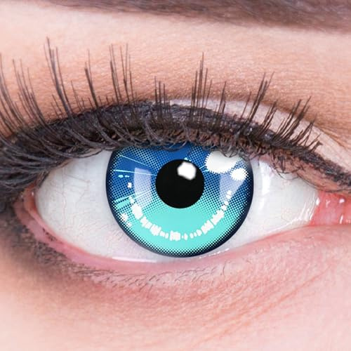 Lentillas de color azul 'Anime Arc 2 Blue' 1 par. Cómodas y perfectas para carnaval de Halloween, cosplay de anime, blandas, sin dioptrías + recipiente de lentillas, sin graduación