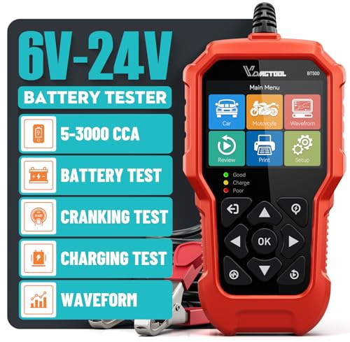 Car Battery Tester 6V 12V 24V VDIAGTOOL BT500, 5-3000 CCA Automotive Battery Tester, Starter Alternator Tester Charging Cranking System Analyzer, Batteries Checker for Vehicle Truck Motor SUV Boat