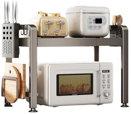 Felenny Estante extensible para horno microondas, estante ajustable para encimera de cocina, con soporte para tabla de cortar y 6 ganchos, soporte para microondas, organizador de encimera de cocina
