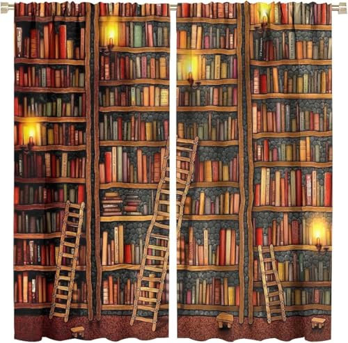 Vorhang Blickdicht Gardinen Mit Ösen - 2 Stücke 140X160 cm (B + H) Verdunklungsvorhänge 3D Bücher Bücherregal Muster Thermovorhang Für Kinderzimmer Wohnzimmer Schlafzimmer Weihnachtsgardine-252382976