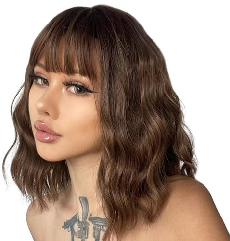 JSTHHTT 14 Pollice Parrucca Ondulato Corta con Frangia, Marrone Parrucche, Sintetico Parrucca, Cosplay Parrucche per le Donne, per la Festa Guotidiana (Marrone)