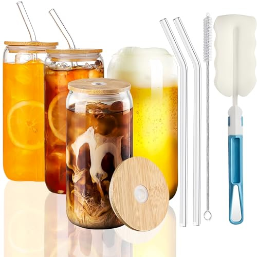 Glass Cups with Lids and Straws Iced Coffee Cup, 16oz Glass Tumbler with Straw and Lid & Brush Can Shaped Beer Glasses Cups Clear Drinking Glass Cups for Cocktail Beer Coke Soda Water Wine- 4PC