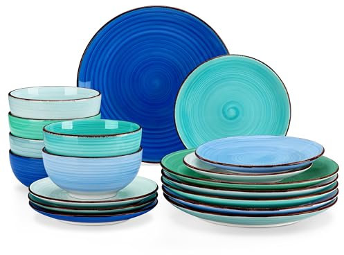 vancasso Serie BONITA Vajillas Completas 6 Personas, 18 Piezas, Pintados a Mano, Vajilla Moderna de Gres - Platos Llano, Platos de Postre y Cuencos de Cereales, Apto para Microondas, Color Azul