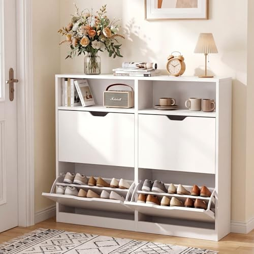 VOWNER Shoe Cabinet 4 Flip Drawers Adjustable Shelves White Storage | Freestanding narrow shoe storage with open compartment for hallway organization and space-saving everyday storage.