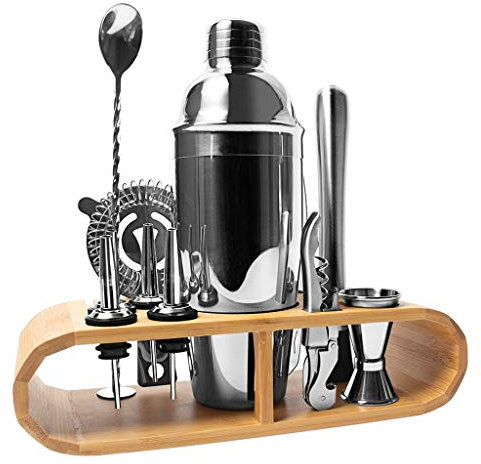 WLCNYL Juego de coctelera de Acero Inoxidable para Barman, Kit de Herramientas para coctelería de 550 ml/750 ml con Soporte de Madera, Mezclador de Vino, 12/14 Piezas (Color: 12 Piezas, tamaño: 55