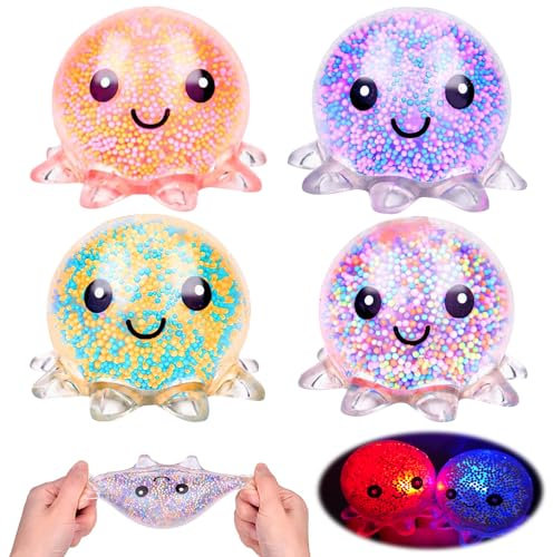 4 Stück Stressball Octopus Leuchtendes Squishy Anti Stress Bälle für Kinder & Erwachsene Anti Stress Squeeze Ball Fidget Toy zur Entspannung, ADHS & Weihnachts-Partytüten Füllstoff