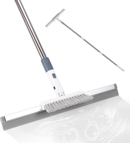 ZONJIE Rasqueta de ducha profesional 2 en 1 con barra telescópica y cepillo, extractor de agua para azulejos de baño, limpiador de ventanas con mango largo