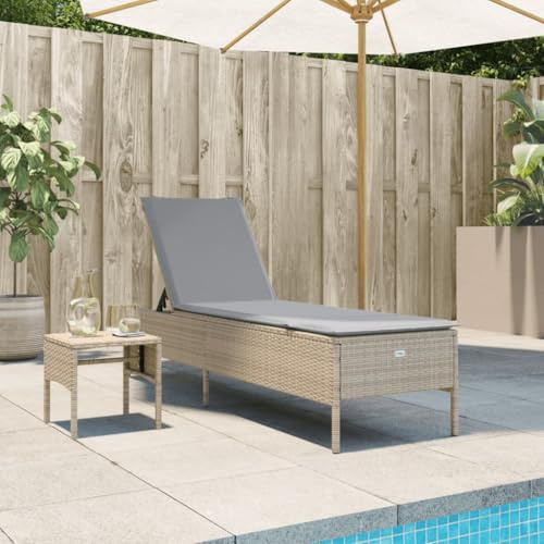 Myheimly Sonnenliege mit Tisch und Auflage Gartenliege mit Stahlrahmen, Relaxliege für Garten Terrasse, Sonnenbett Gartenmöbel Beige und Grau Poly Rattan Vollverflechtung