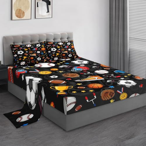 Pamnest Twin Size Bed Sheet Sets, Basketball Football Baseball Soft Microfiber 3 Pcs Bedding Sets for Kids and Adults Bedroom Bed Decor, Hockey Soccer Sport Flat, Fitted Sheet and Pillowcases