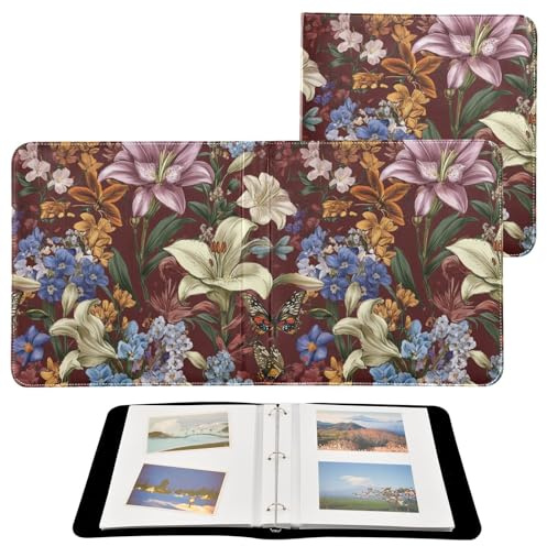 Carpetas de álbumes de fotos autoadhesivas para fotos de todos los tamaños de fotos de 4 x 6, 5 x 7, 6 x 8 pulgadas, diseño de flores, lirio delphinium, mariposas y abejas, color burdeos